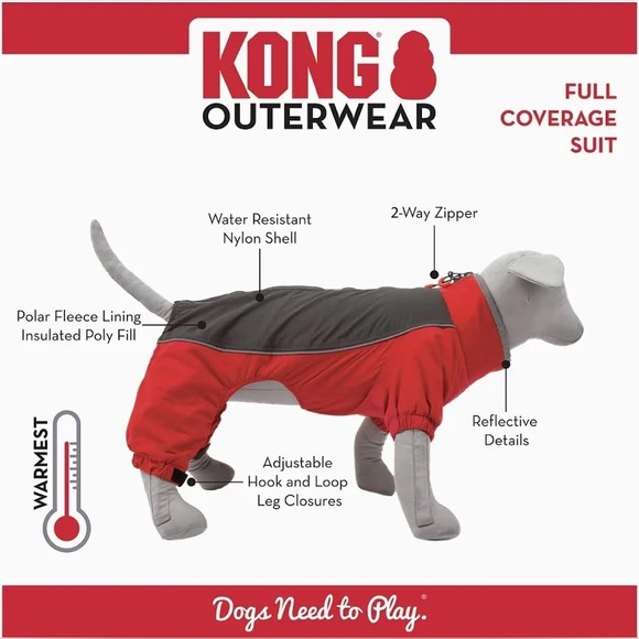 NWT KONG Outerwear Full Coverage Suit Dog Snow Water Resistant MED Red Grey - Picture 13 of 16